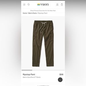 Men’s Vuori ripstop travel pants Size M Dark Oregano Green